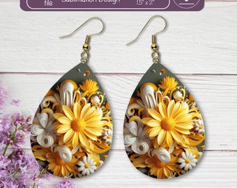 Teardrop Earring PNG, Yellow Floral earring PNG 3d Flowers Designs Sublimation, 3D Earring Blanks Design Wedding Tear Drop Printable