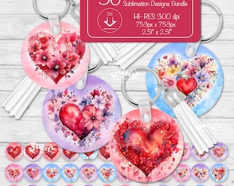 Runde Schlüsselbund Sublimation Designs Aquarell Valentine Herz Schlüsselbund PNG Instant Download
