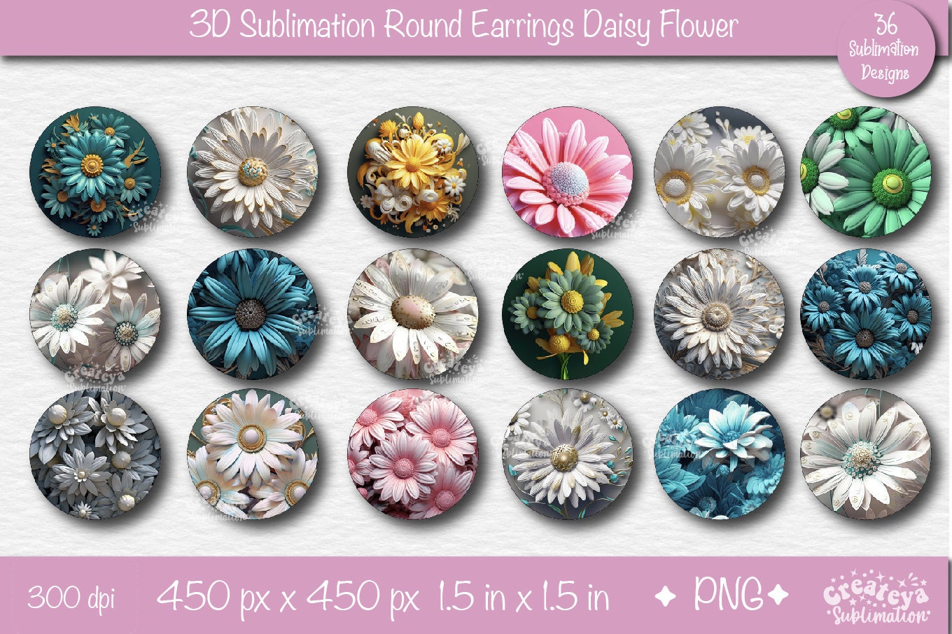 3D Earrings Sublimation, Teardrop earring 3D Daisy, 3D sublimation bundle