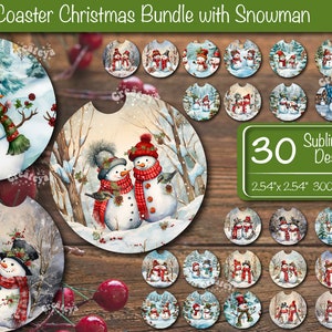 Christmas Car Coaster Bundle PNG, Car Coaster Sublimation Design, Watercolor Snowman PNG