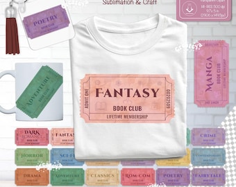 Pacote de sublimação de ingressos para clube do livro, ingressos para amantes de livros, clipart, design de biblioteca, fantasia, mangá aconchegante, obscenidade, gêneros de leitura, designs