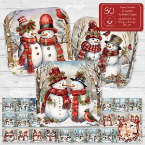 Christmas Square Coaster Bundle PNG, Coaster PNG Designs, Sublimation Design Keychain PNG Snowman