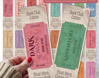Book Club Ticket Bookmark Bundle Reading Genres Designs Printable Bookmarks for Book Lovers Readers gift Digital Download