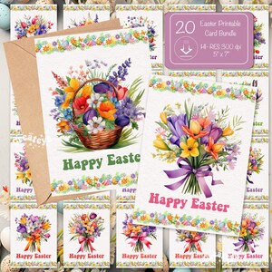 Conjunto de cartões para impressão de feliz Páscoa Cartão postal de flores de Páscoa em aquarela Cartão digital de saudação de Páscoa para impressão e corte