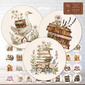 Watercolor Book Lover Round Coaster Bundle Floral Book Themed Sublimation PNG Cottagecore Library Coaster Designs Set Keychain