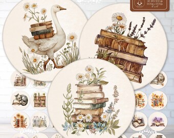 Pacote de porta-copos em PNG para amantes de livros em aquarela: designs florais para biblioteca (download digital)