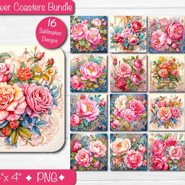 Flower Square Coaster Bundle PNG, Coaster PNG Designs, Sublimation Design, Keychain PNG, Peony