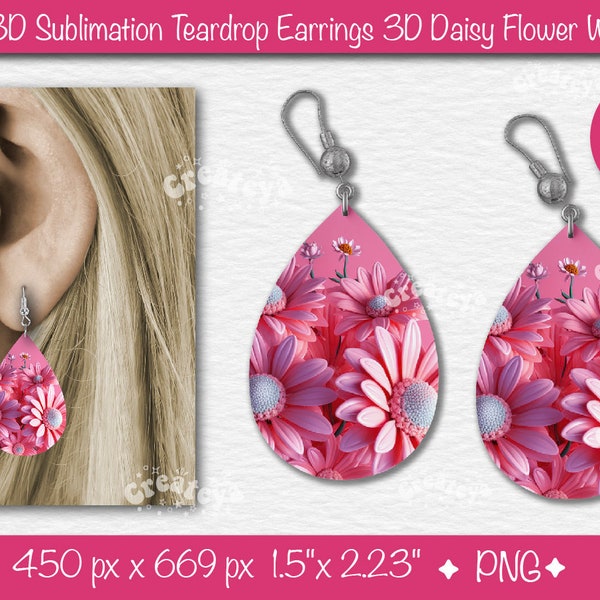 Boucle d'oreille en forme de larme PNG, boucle d'oreille florale PNG 3d fleurs dessins Sublimation, marguerite rose 3D boucle d'oreille blancs Design Tear Drop imprimable