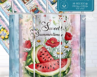 Sommer Tumbler Wrap Bundle PNG 20 Skinny 20 Unzen Sublimationsdesigns Aquarell Blumen Obst Garten Wraps Erdbeere Zitrone Wassermelone