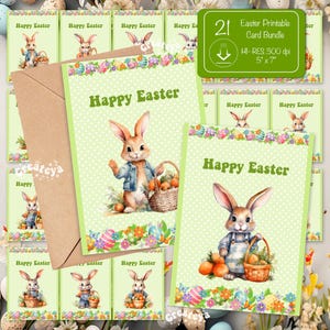 Conjunto de cartões para impressão de Feliz Páscoa Cartão postal de coelho da Páscoa em aquarela Cartão digital de saudação de Páscoa para impressão e corte