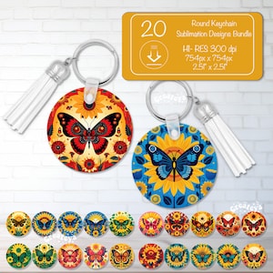 Round Keychain Sublimation Bundle PNG Sublimation Butterfly and Sunflower Digital Download