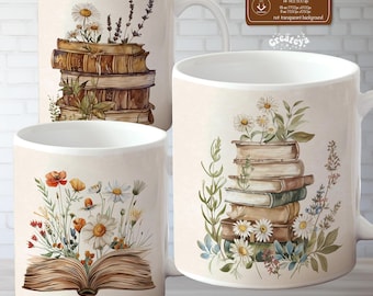 "Aquarell Blumen Buchliebhaber Tasse Wrap Bundle: Vintage ""Library"" Design (Digitaler Download PNG)"