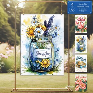 Może przedstawiać: Aquarela przedstawiająca słoik wypełniony bukietem kwiatów. Kwiaty są w odcieniach żółtego, białego i niebieskiego. Słoik ma etykietę z napisem "Bloom & Grow".