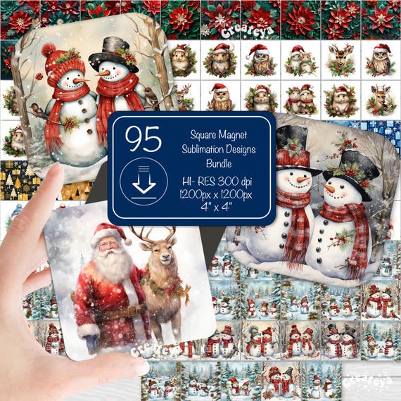 Christmas Magnet Designs: Watercolor Snowman & Animals (PNG Digital Download)