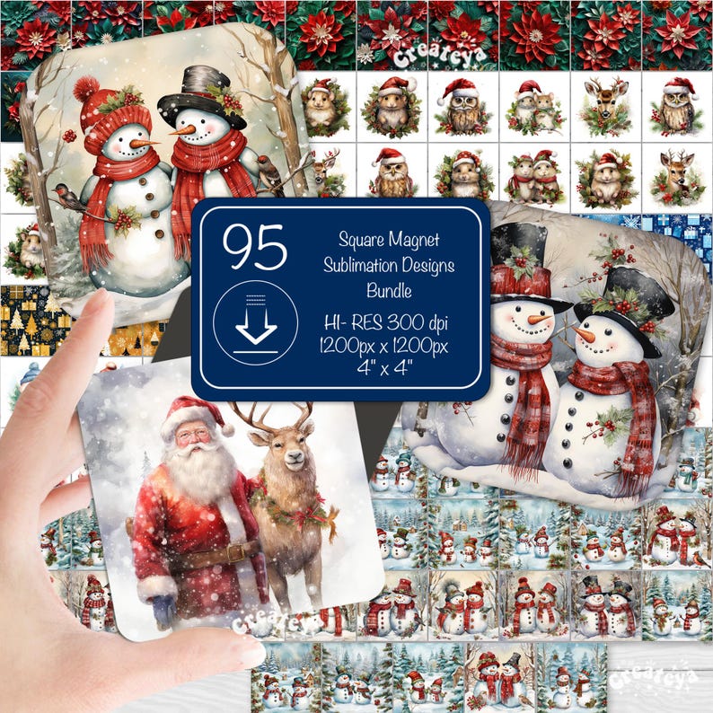 May include: A set of 95 digital designs for square magnets featuring winter holiday themes. The designs include snowmen, Santa Claus, a deer, and owls. The designs are 1200 pixels by 1200 pixels and are 300 dpi. The designs are 4 inches by 4 inches.