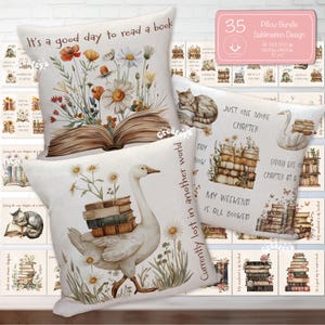 May include: Four decorative cushions with book and floral designs. One cushion features an open book with flowers, another has a cat, and a third shows a goose carrying books. The text "It's a good day to read a book" is visible.