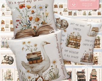 Aquarell Buchliebhaber Kissenbezug Sublimation Design: Blumen Bücherstapel PNG (Digital Download