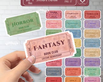 Bücherliebe Aufkleber · Vintage Ticket Aufkleber · Lese & Genre druckbare Aufkleber · Buchliebhaber PNG Paket