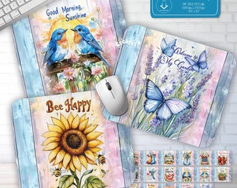 Sommer-Mauspad-Sublimationspaket, Florale Mousepad PNG-Designs, Bauernhaus-Schreibtischmatten-Verpackung, Aquarellblumen-Vogel-Sublimation PNG