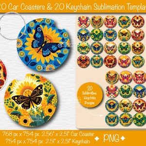 Butterfly Sunflower Car Coaster Keychain Sublimation Designs (PNG Digital Download)