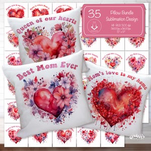 Puede incluir: Un conjunto de 35 diseños de sublimación para fundas de almohada con corazones de acuarela rodeados de flores. Los diseños incluyen frases como "Reina de nuestros corazones", "Mejor mamá de todas" y "El amor de mamá es mi hogar".