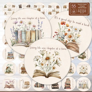 Watercolor Book Lover Round Coaster Bundle Floral Book Quote Themed Sublimation PNG Cottagecore Library Coaster Designs Set Keychain