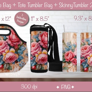 Purse look Lunch tote 20 oz skinny tumbler wrap design Tote Tumbler bag sublimation bundle Pink Peony Instant Digital Download, PNG