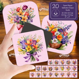 Flower Square Magnet Bundle PNG Spring Magnet PNG Designs Sublimation Design Keychain PNG