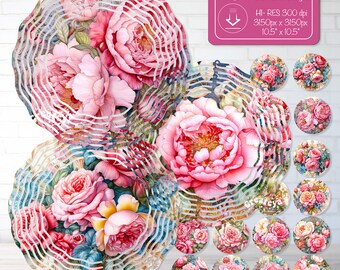 Pink Peony Wind Spinner PNG Bundle Floral Sublimation Design Garden Spinner Design Flower Wind Spinner Summer Yard Decor PNG