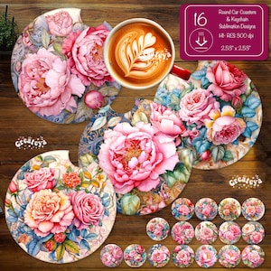 Flower Car Coaster Bundle PNG Car Coaster Sublimation Design Pink Peony Sublimation PNG