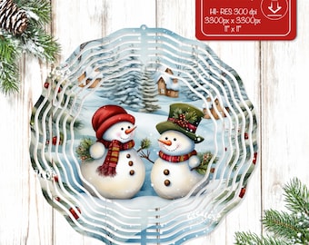 May include: A round wind spinner featuring a winter scene with two snowmen wearing hats and scarves. The background shows a snowy landscape with houses and trees. The text on the image reads "Wind Spinner Sublimation Designs" and "11" x 11"".