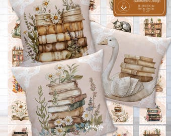 Aquarell Buch Kissen Sublimation Design: Florales Vintage Bibliothek Kissen (PNG Digital Download)