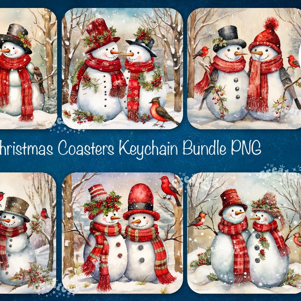 Christmas Square Coaster Bundle PNG, Coaster PNG Designs, Sublimation Design, Keychain PNG, Snowman