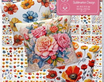 Wildflower Pillow Sublimation Design Bundle (PNG Digital Design)