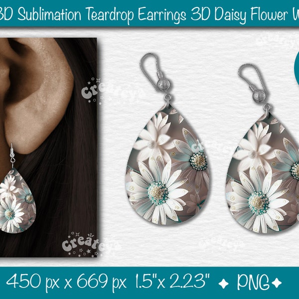 Teardrop Earring PNG, Wedding Floral earring PNG 3d Flowers Designs Sublimation, 3D Earring Blanks Design White Tear Drop Printable