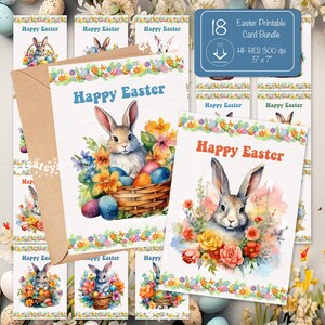 Conjunto de cartões para impressão de feliz Páscoa Cartão postal de coelho da Páscoa com flores em aquarela Cartão digital de saudação de Páscoa para impressão e corte