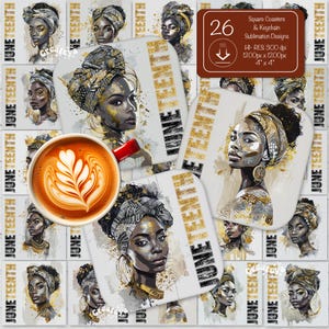 May include: Set of 26 square coasters featuring a black and gold illustration of a woman with a headscarf. The coasters are 4 inches by 4 inches and are designed for sublimation.
