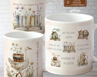 Aquarell Buchliebhaber Tasse Wrap Bundle: Vintage Blumen Zitat (PNG Digital Download)