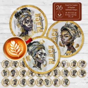 May include: Set of 26 round car coasters and a keychain featuring a black and gold design with the text "Black and beautiful".