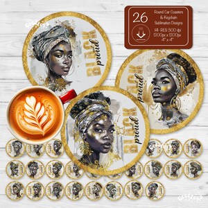 May include: Set of 26 round car coasters and a keychain featuring a black and gold design with the words "Black and Proud".