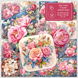 Flower Square Coaster Bundle PNG, Coaster PNG Designs, Sublimation Design, Keychain PNG, Peony