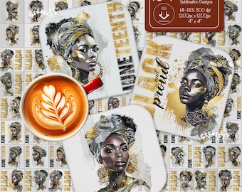 Schwarzes Mädchen Magie Sublimationsuntersetzer Bündel Afro Frau Porträt PNG Quadratische Untersetzer Sublimation 104 Designs Melanin Art 4x4