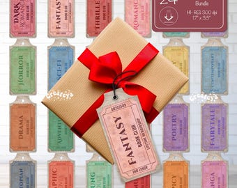 Vintage Bibliotheksticket-Geschenkanhänger · Druckbare literarische Etiketten · Retro-Leseephemera · Genre-Tags für Scrapbooking & Partygeschenke