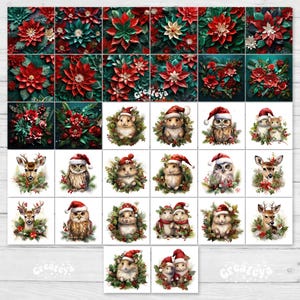 May include: A digital collage sheet featuring 24 images of various animals wearing Santa hats. The animals include a deer, owl, hamster, and mouse. The images are set against a background of red poinsettia flowers and green leaves.