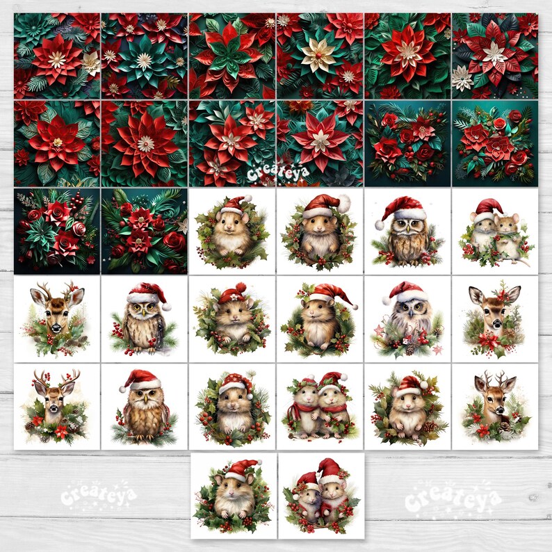 May include: A digital collage sheet featuring 24 images of various animals wearing Santa hats. The animals include a deer, owl, hamster, and mouse. The images are set against a background of red poinsettia flowers and green leaves.