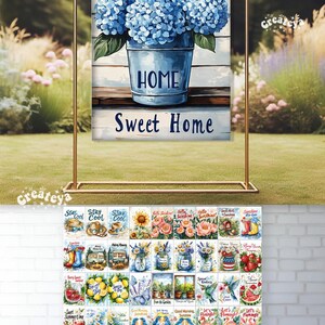 May include: A set of 58 garden flag sublimation designs featuring various summer and garden themes. The designs include images of flowers, butterflies, birds, and other nature-inspired elements. The text on the flags includes phrases like "Stay Cool", "Good Morning", "Life's a Garden", and "Sweet Home".