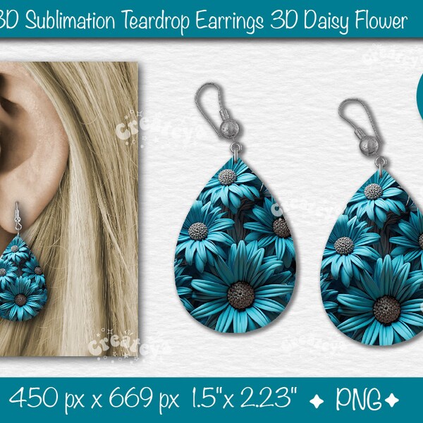 Teardrop Earring PNG, Turquoise  Floral earring PNG Blue 3d Flowers Designs Sublimation, 3D Earring Blanks Design Tear Drop Printable