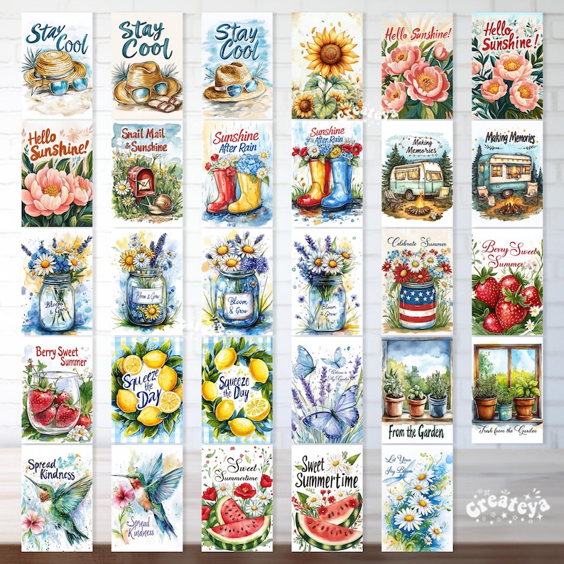May include: A collection of 20 colorful garden flag designs featuring various summer themes, including flowers, fruits, butterflies, and inspirational quotes. The flags are printed on a white background with vibrant colors and intricate details.