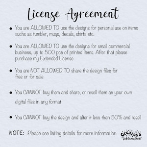 May include: A white background with black text outlining the terms of a license agreement for digital designs. The text states that the designs can be used for personal use and small commercial use up to 500 pieces. The text also states that the designs cannot be shared or resold.