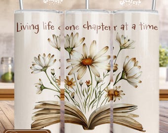 Copo de sublimação de livro aberto, copo fino de 20 oz, biblioteca de leitura, amante de livros florais, design de copo com tema de livro de flores silvestres PNG